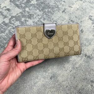 Gucci Monogram GG Long Wallet Double Sided Tan Lilac Heart Clasp